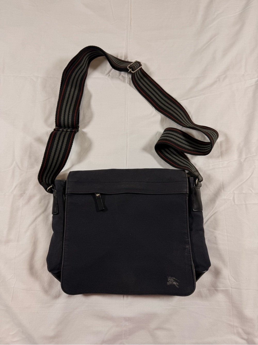 Burberry Black Messenger Bag with Striped Shoulder Strap
